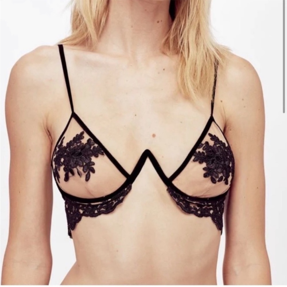 NWT For Love and Lemons Naomi Illusion Bra | Black Velour | S